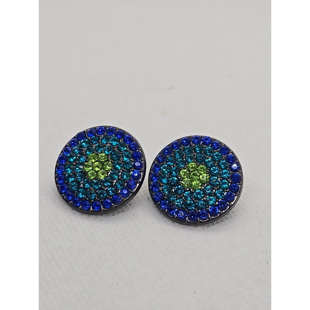 Vintage Blue Green Rhinestone Silver Tone ROUND Statement Earrings Bold Large